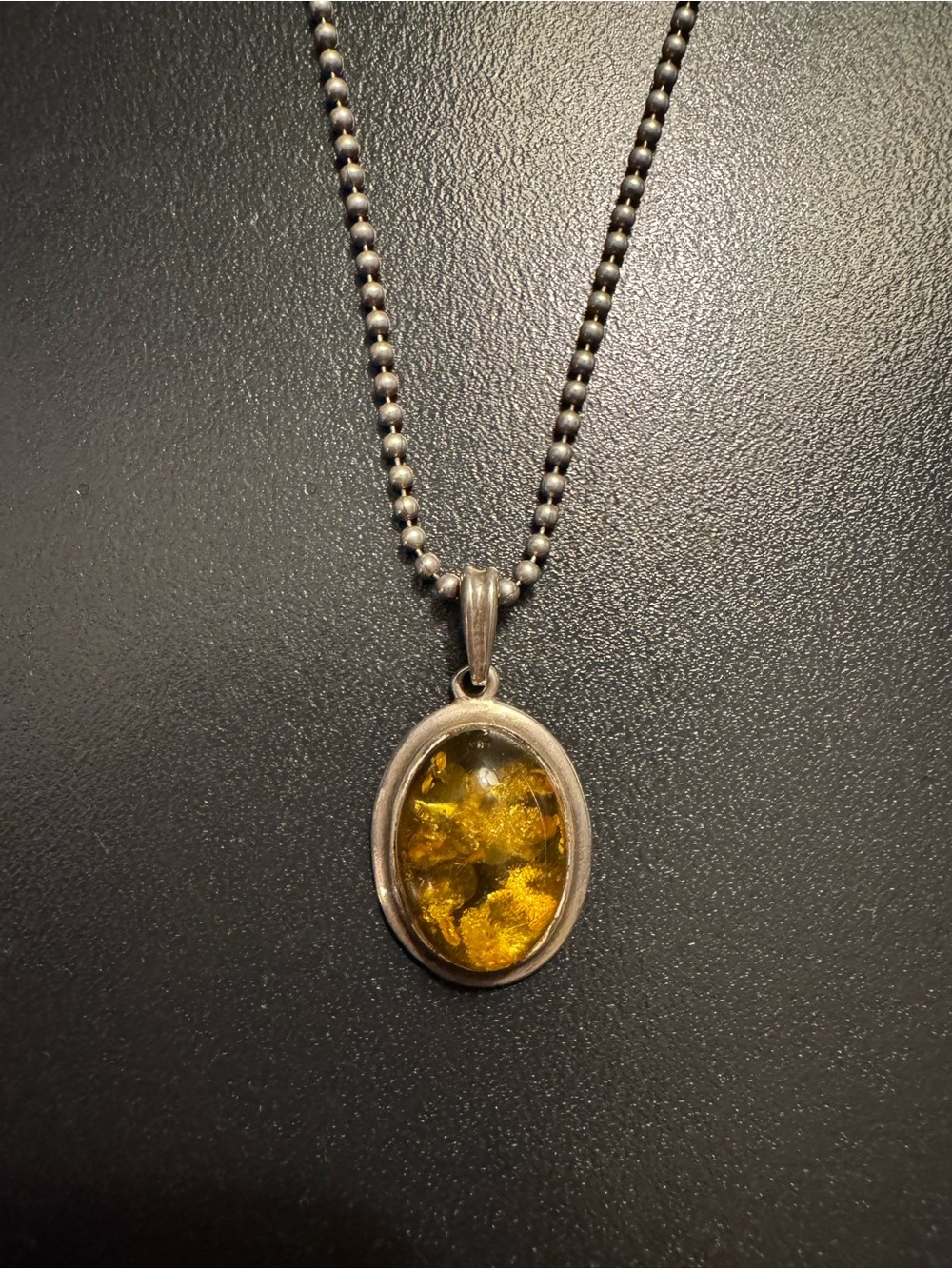 Vintage Sterling Silver Genuine Amber Pendant Necklace - 20” Ball Chain